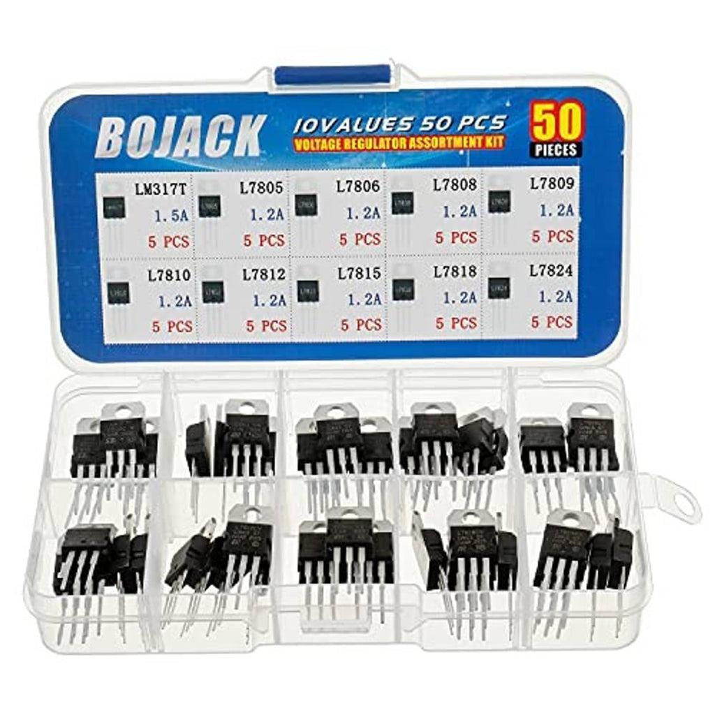 BOJACK voltage regulator assortment kit 50 pcs, open case with black IC regulators