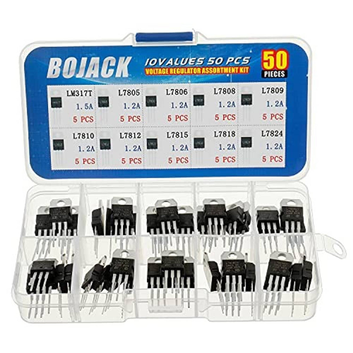 BOJACK voltage regulator assortment kit 50 pcs, open case with black IC regulators