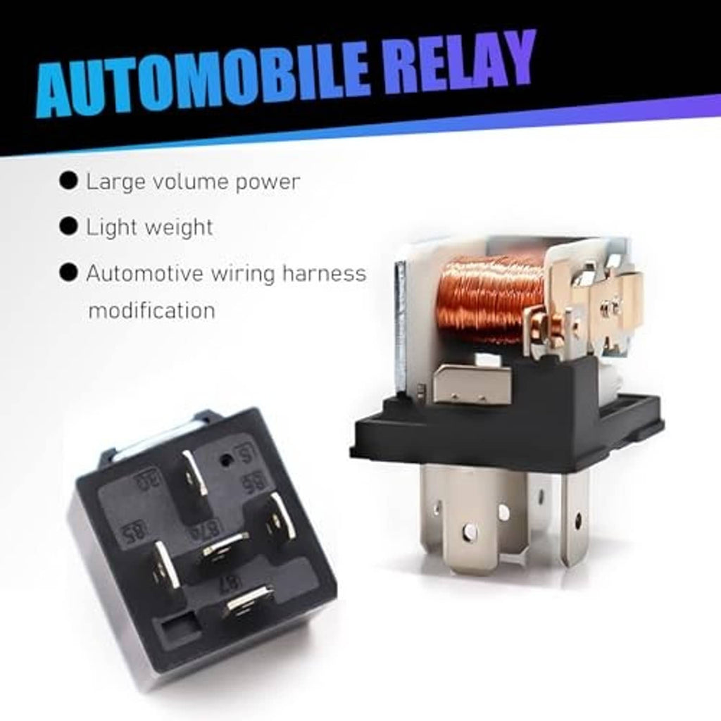 Automotive relay with copper coil and metal mounting pins, plus separate black relay