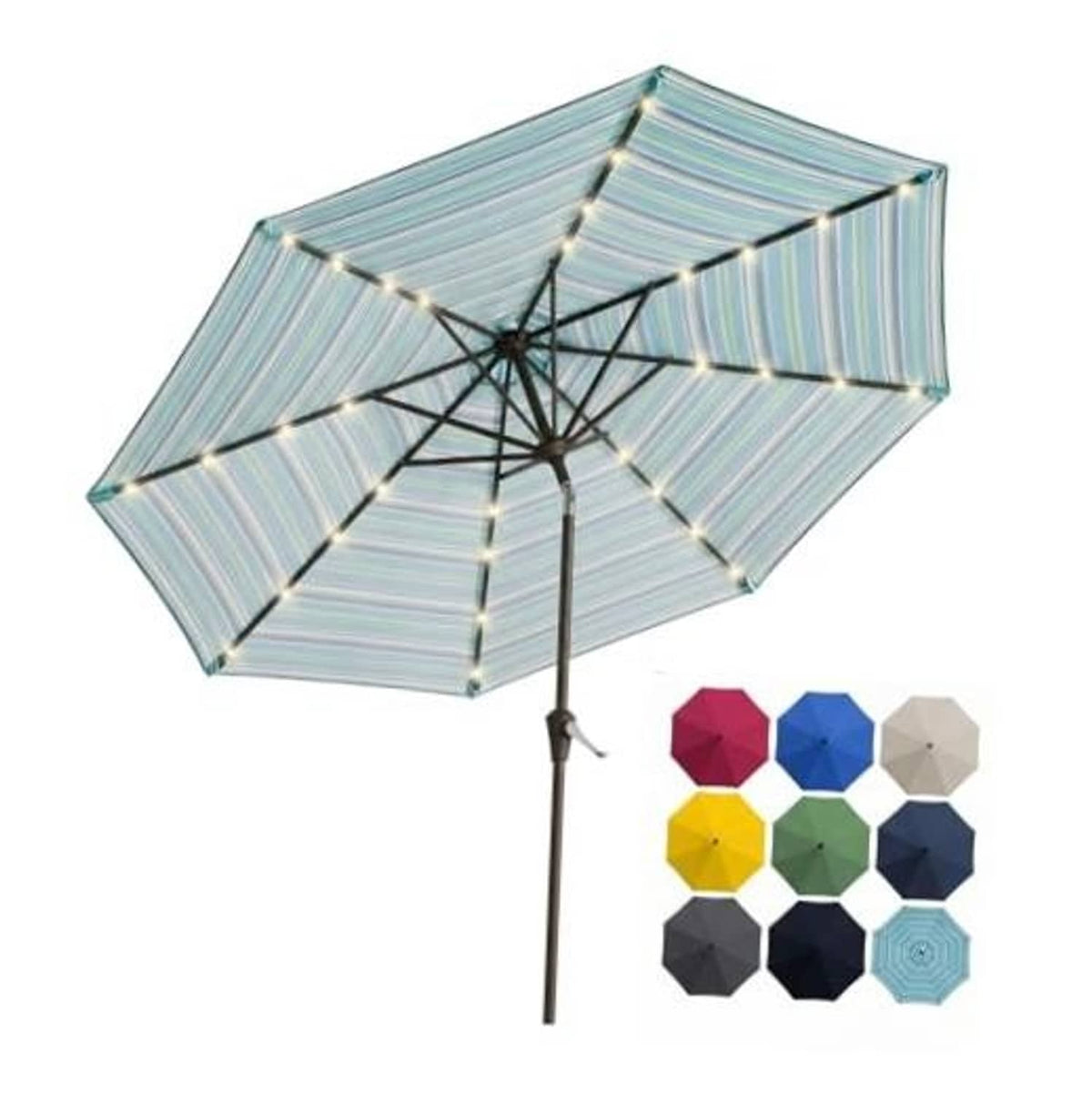 Outdoor patio umbrella with blue and green striped canopy and string solar lights