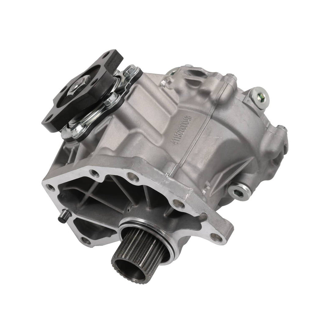 Automotive transfer case assembly with silver metal body, vented sections, and input shaft opening.