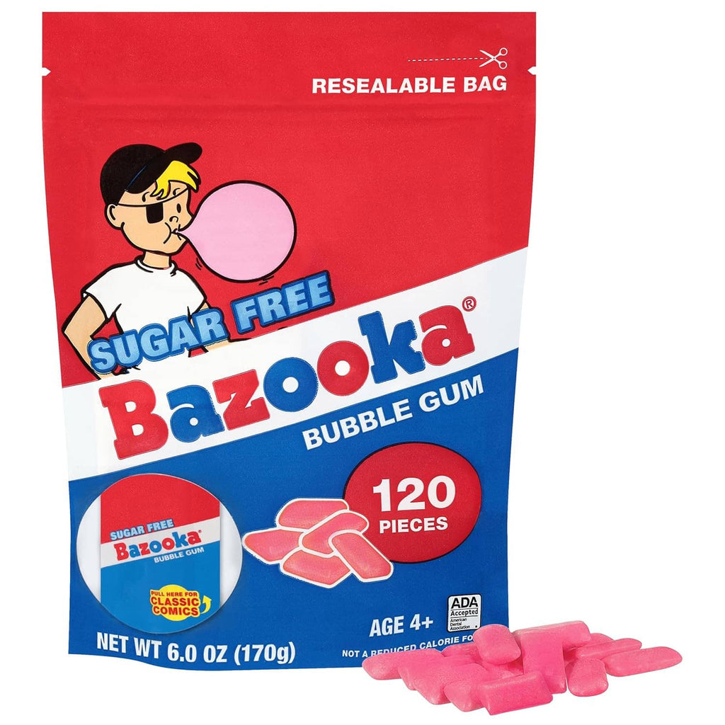 Bazooka sugar-free bubble gum pellets in resealable bag, 120 pieces, with pink gum pieces