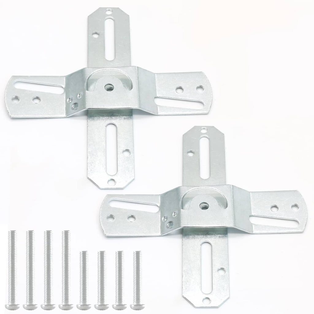 Silver light fixture mounting bracket set, two cross-shaped metal plates with slots