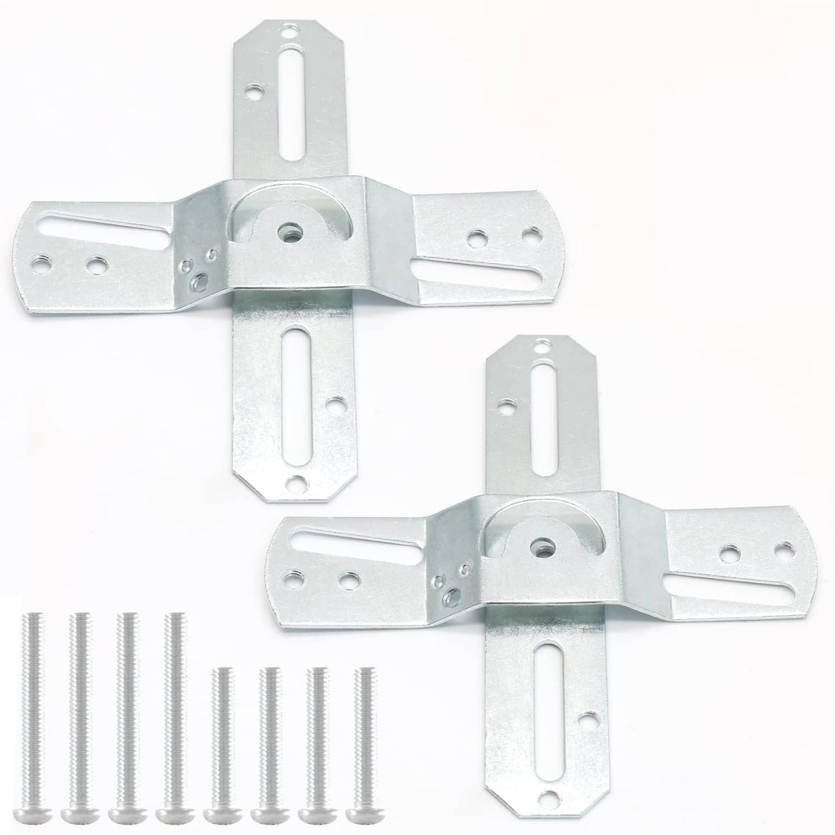 Silver light fixture mounting bracket set, two cross-shaped metal plates with slots