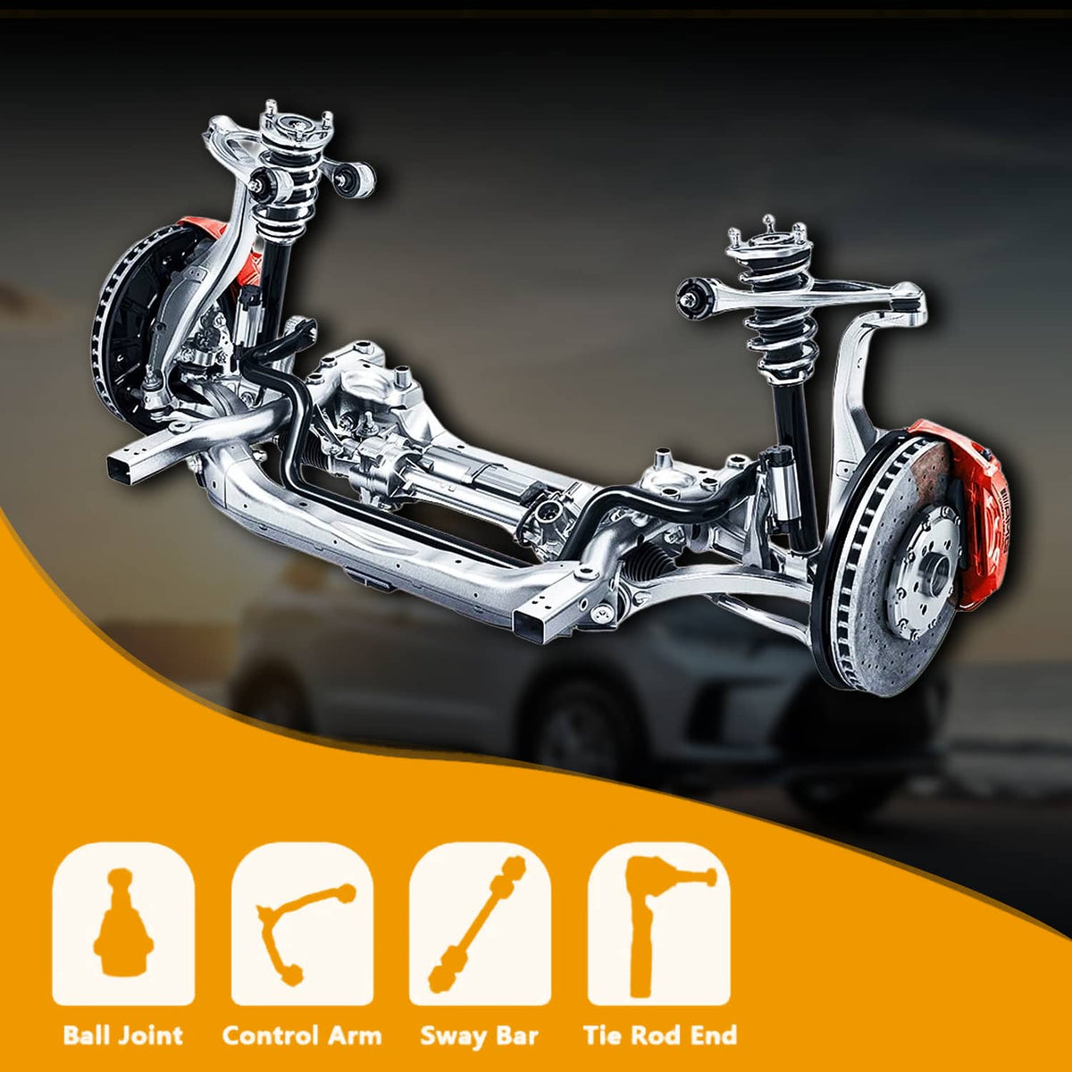 Illustrated front suspension system showing control arms and ball joint components.