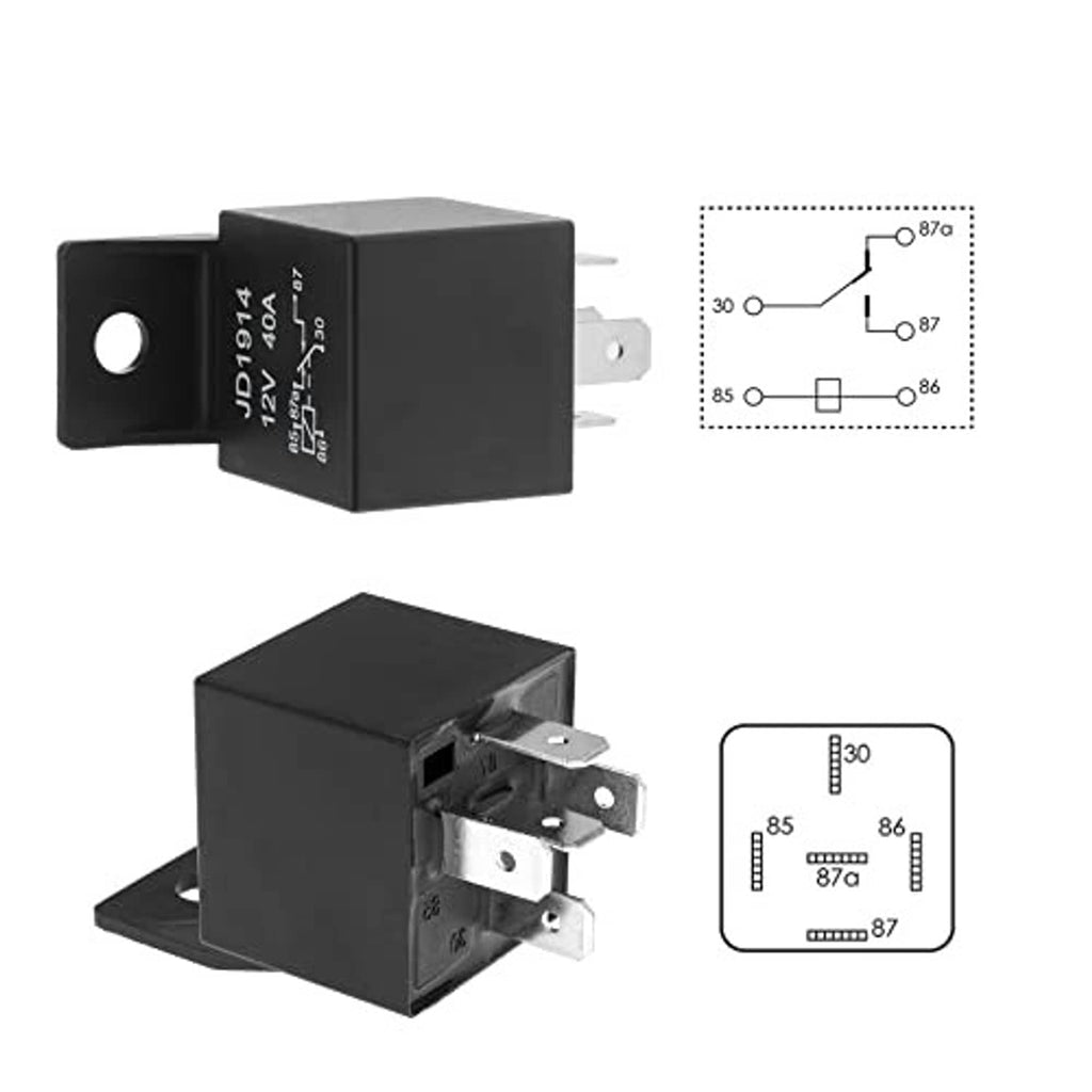 Black dual fan relay module with mounting tabs and terminal diagram