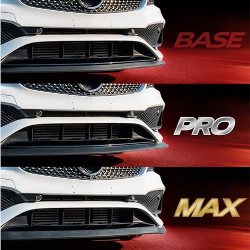 Stacked front spoiler lip profiles with textured grille openings