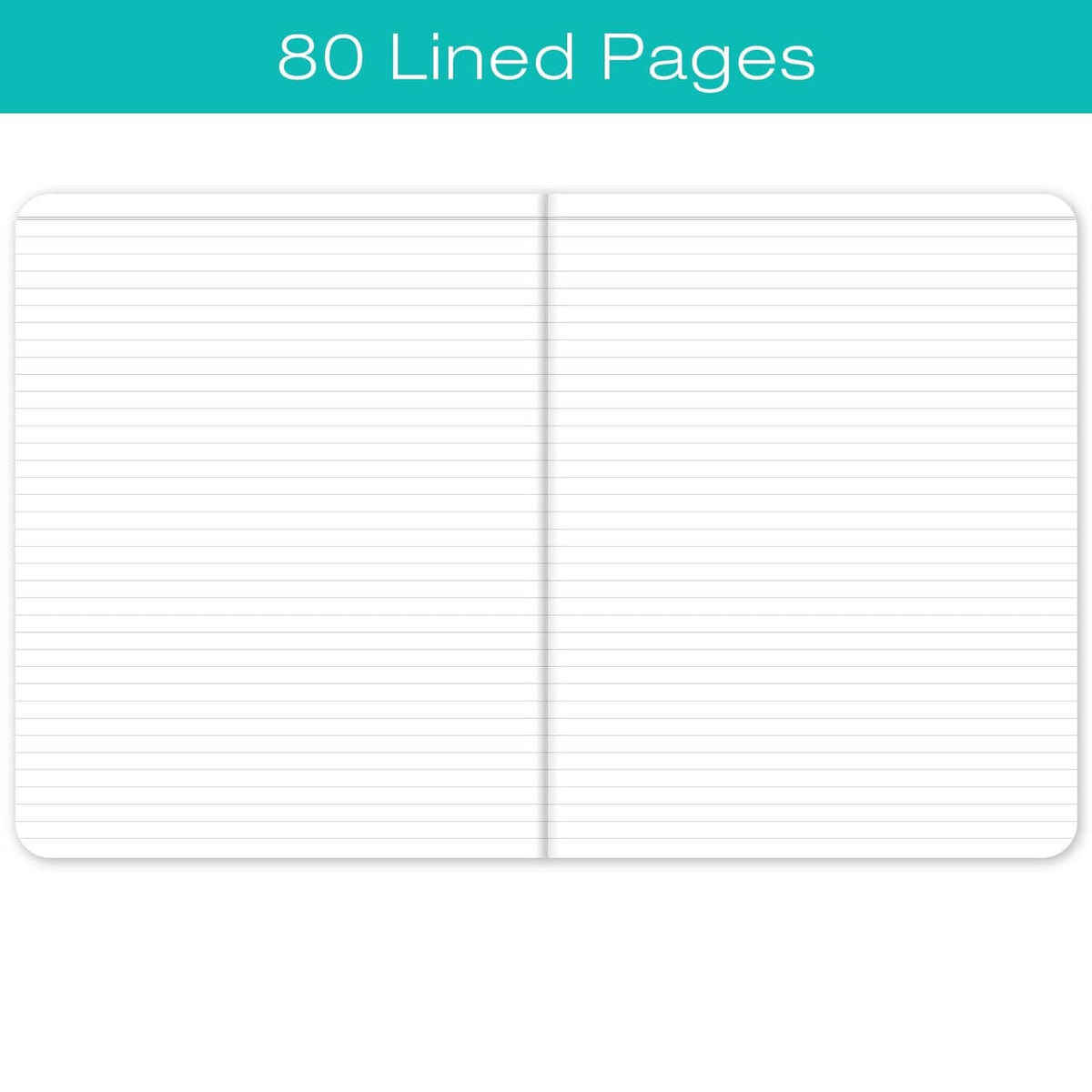 Lined notebook pages inside with blue text reading '80 Lined Pages'