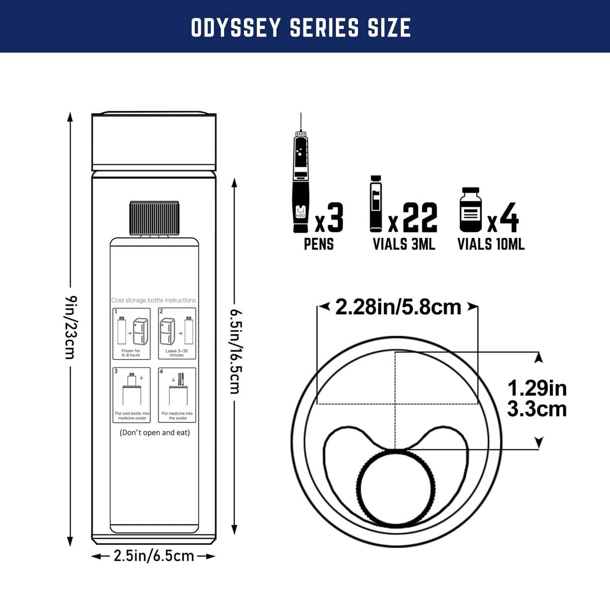 Insulin pen cooler size diagram with dimensions and pens and vial counts