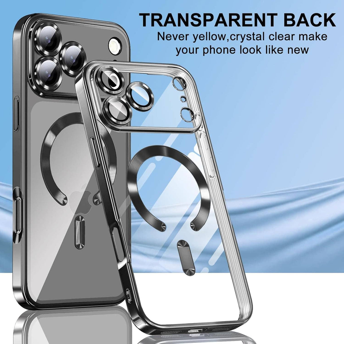 Clear back iPhone case with dark gray bumper, raised camera lenses and ring holder