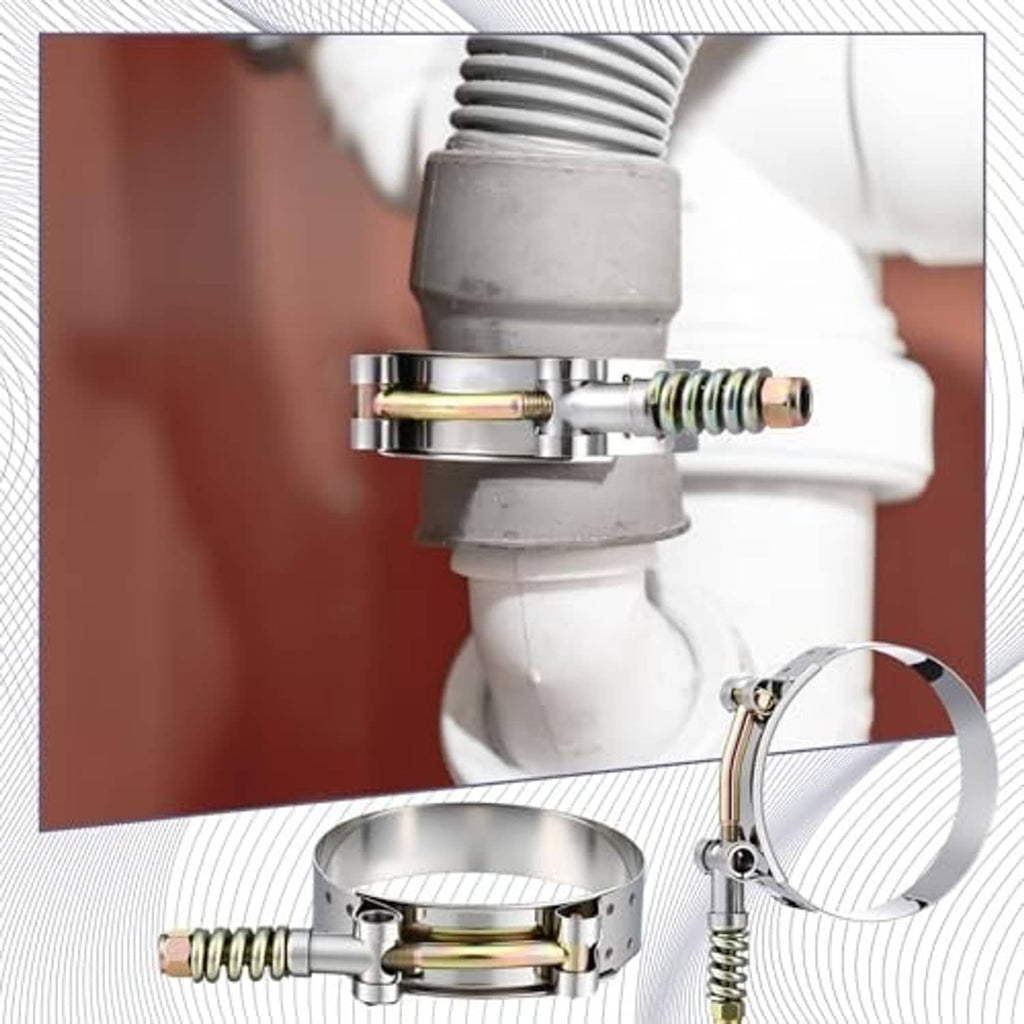 T-bolt hose clamp with reinforcement spring securing a metal hose fitting