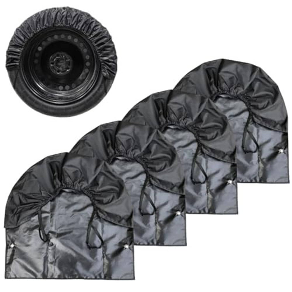 Set of 4 black tire covers showing rounded front openings and drawstring ties