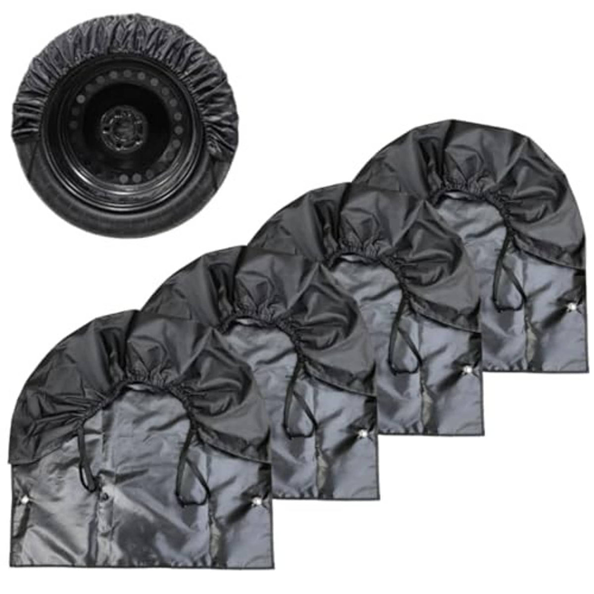 Set of 4 black tire covers showing rounded front openings and drawstring ties