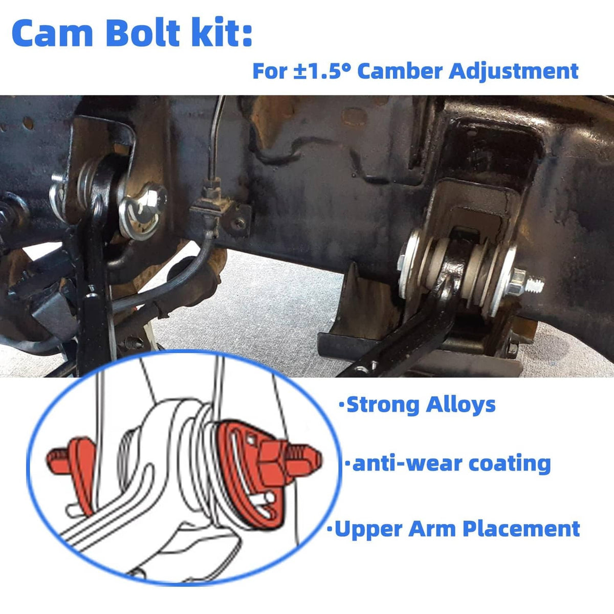 Cam bolt kit for +1.5 camber adjustment with cam bolts and anti-wear coating