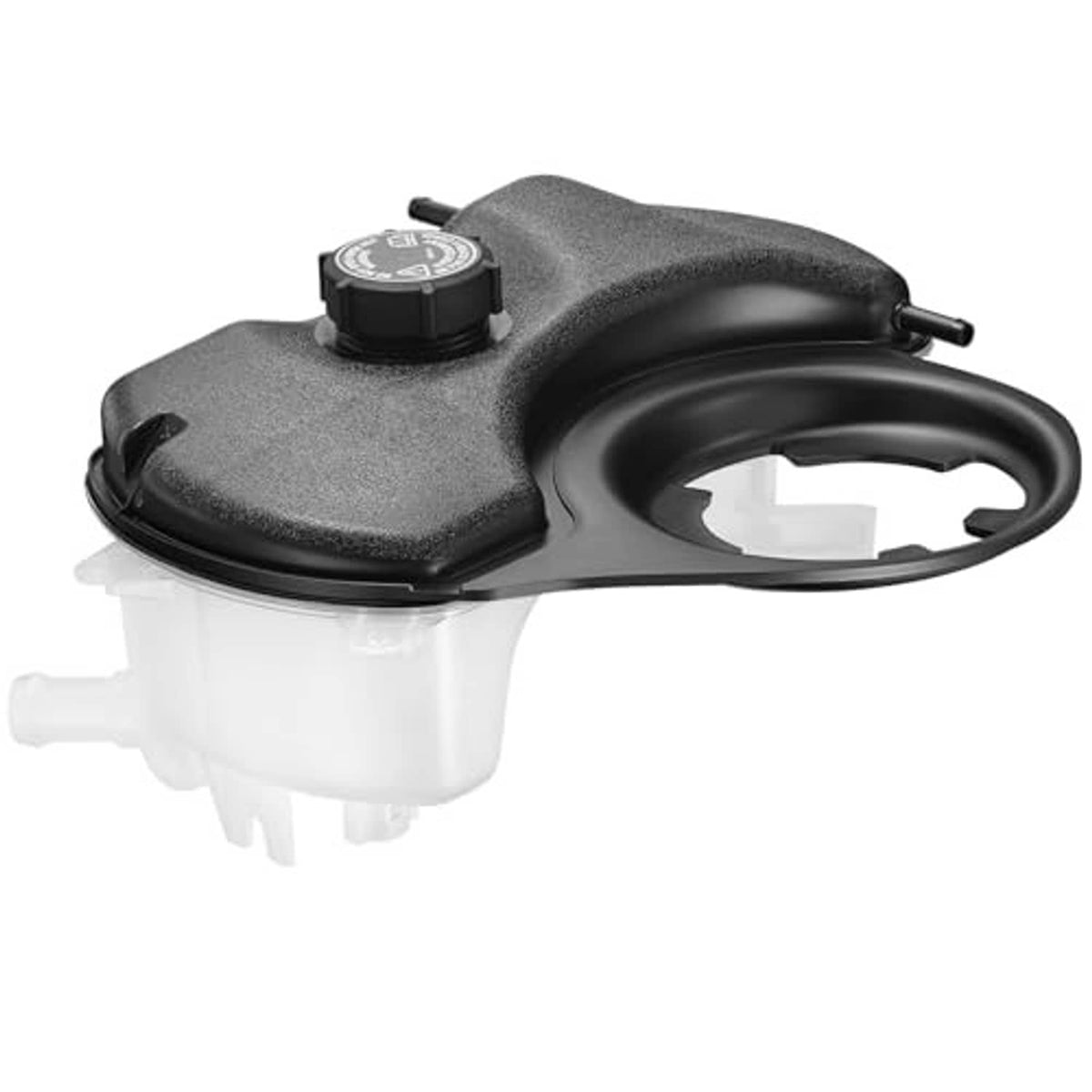 Engine coolant reservoir tank with black cap, gray top cover, and side hose outlet