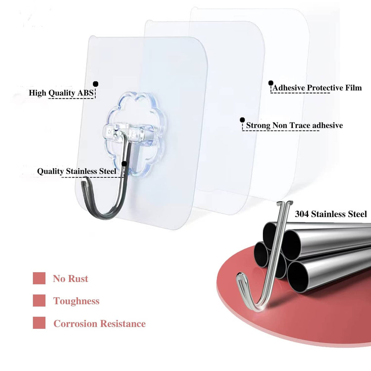 Transparent adhesive wall hook with metal hook, protective film and stainless steel base
