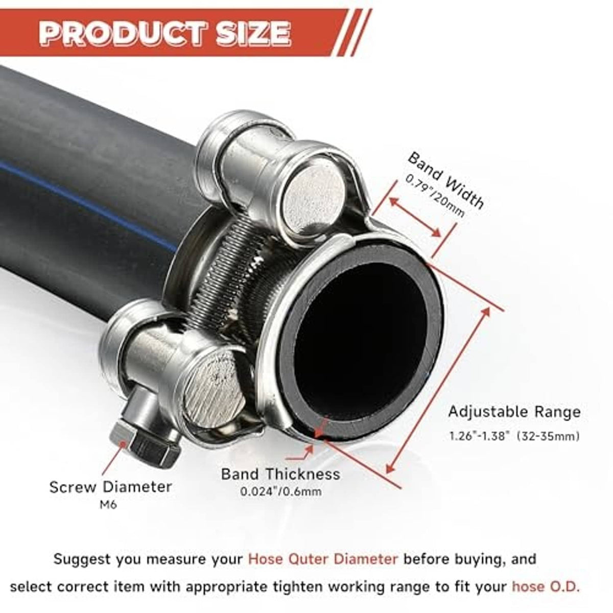 Stainless steel T-bolt hose clamp with threaded band on dark hose or pipe
