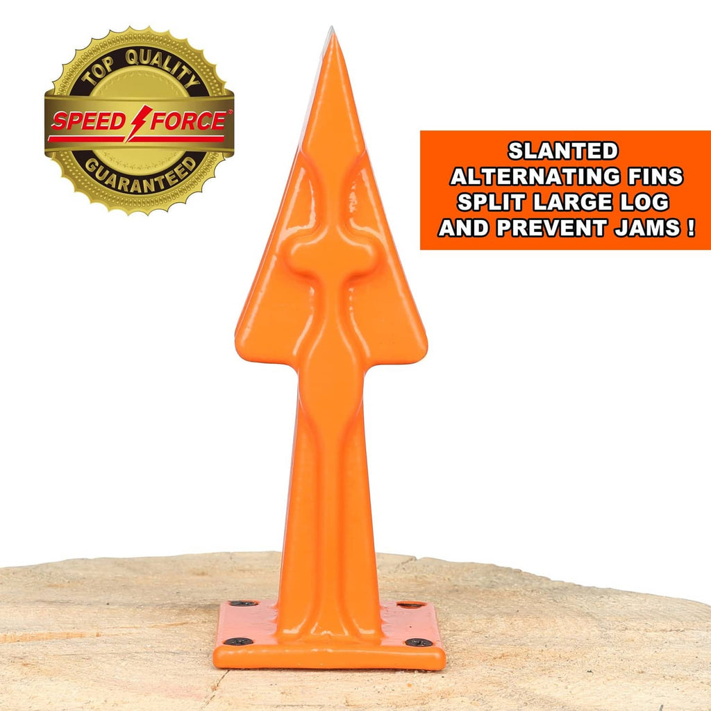 Orange tree-shaped log splitting wedge with slanted alternate fins