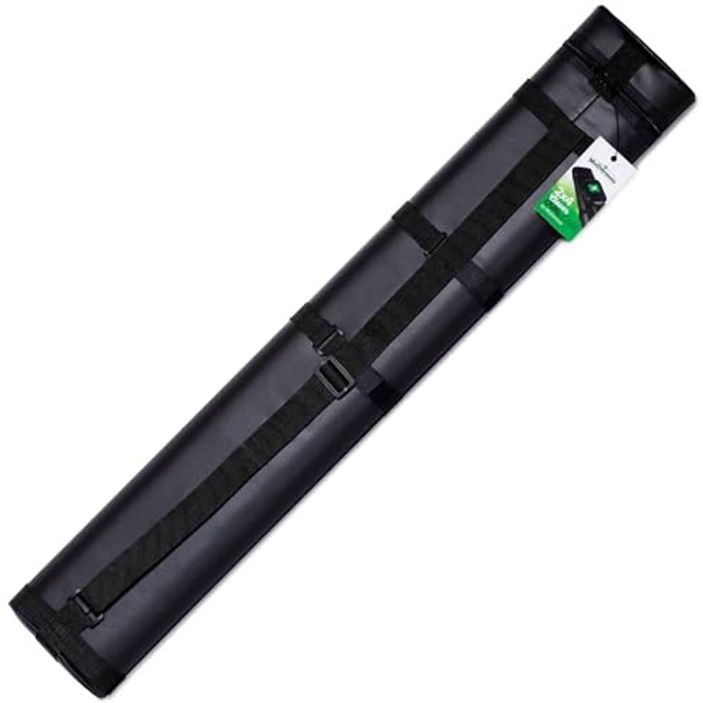 Black vinyl cue case with green clover logo, strap closure, and hang tag attached.
