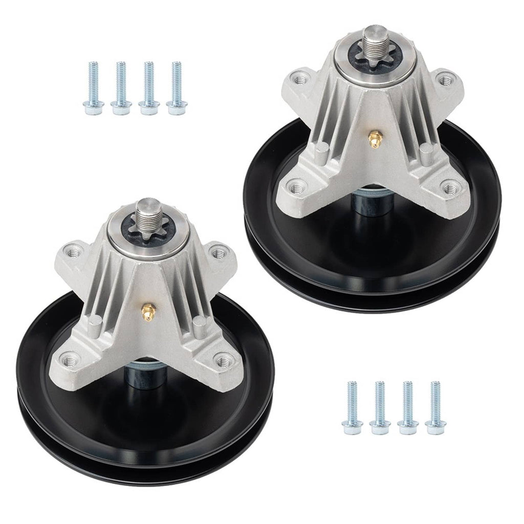 Pair of deck spindle assemblies with black pulleys, silver housings, and mounting screws