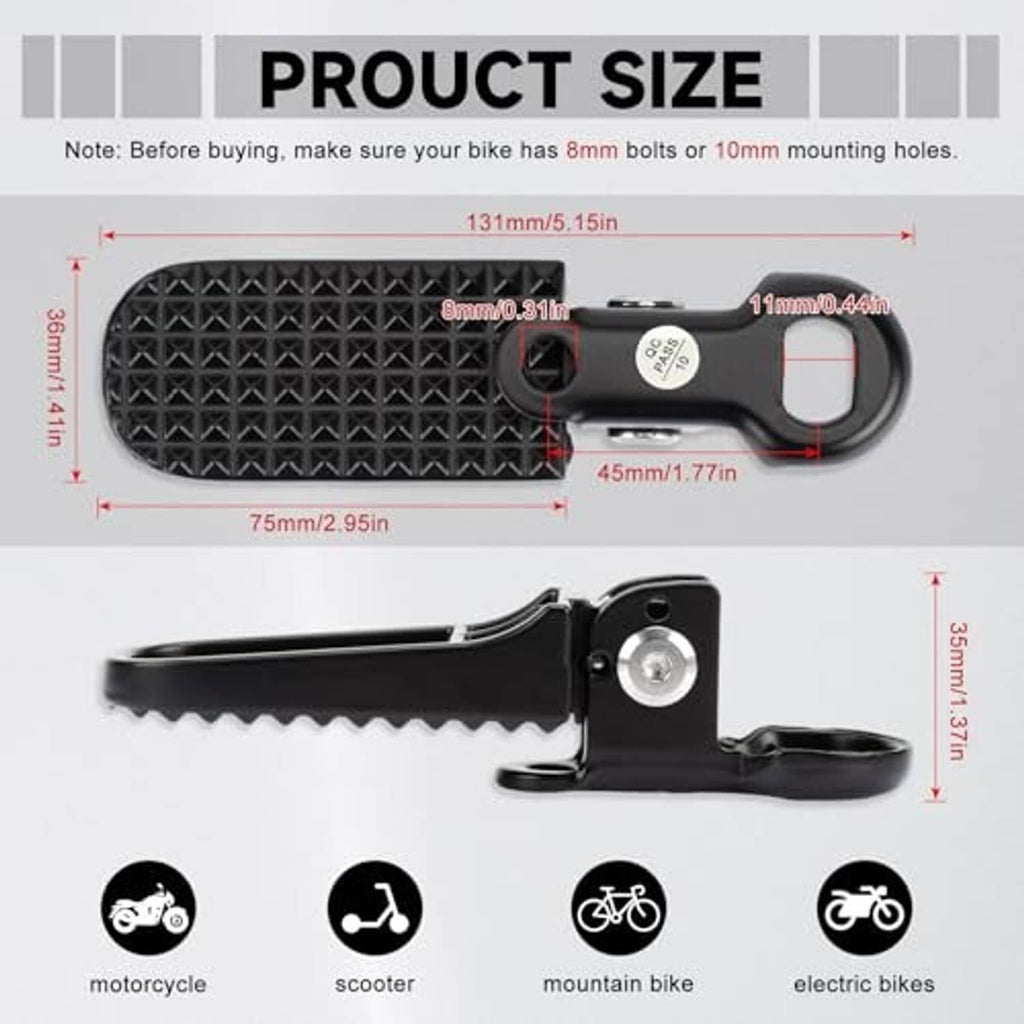 Black bike foot peg with textured tread, hinged mounting bracket and silver fastener