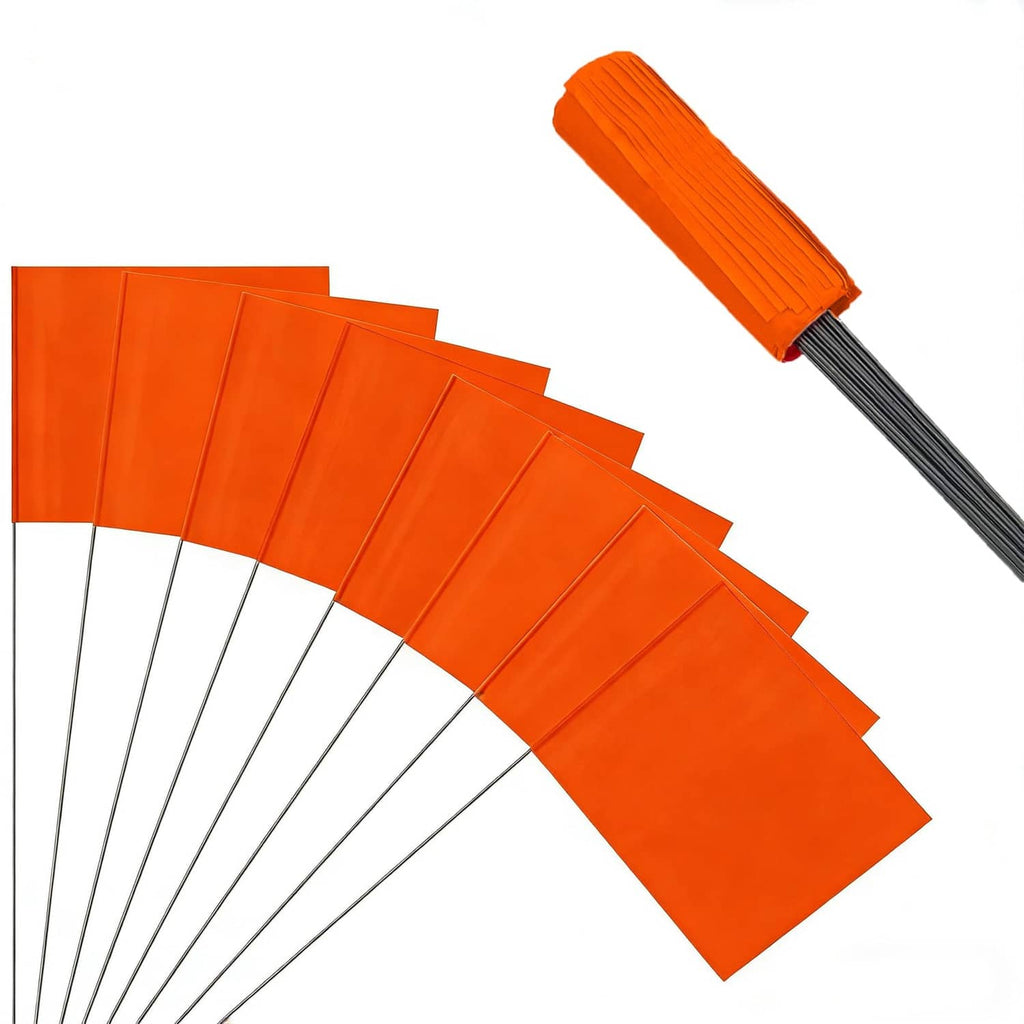 Orange marking flags on black stakes, 50-pack bundle