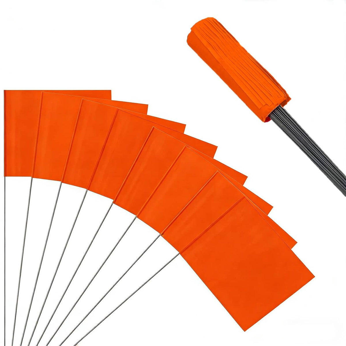 Orange marking flags on black stakes, 50-pack bundle