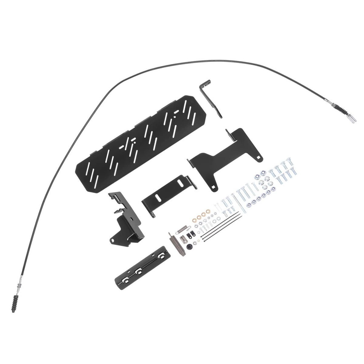 Mower discharge chute blocker kit with black deflector, hardware bolts, and spring assembly