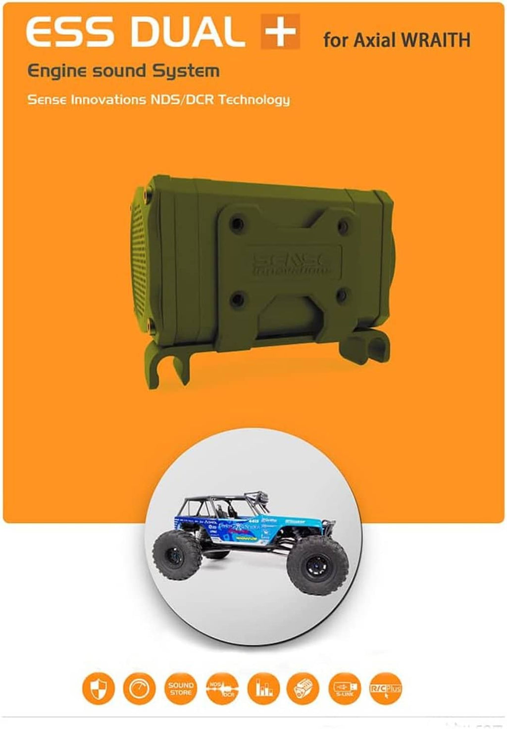 Olive green engine sound module shown on product packaging for Axial Wraith