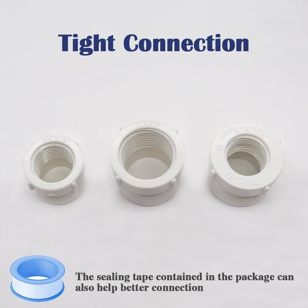 White PVC 3/4 male to 1/2 female threaded connector with sealing tape spool
