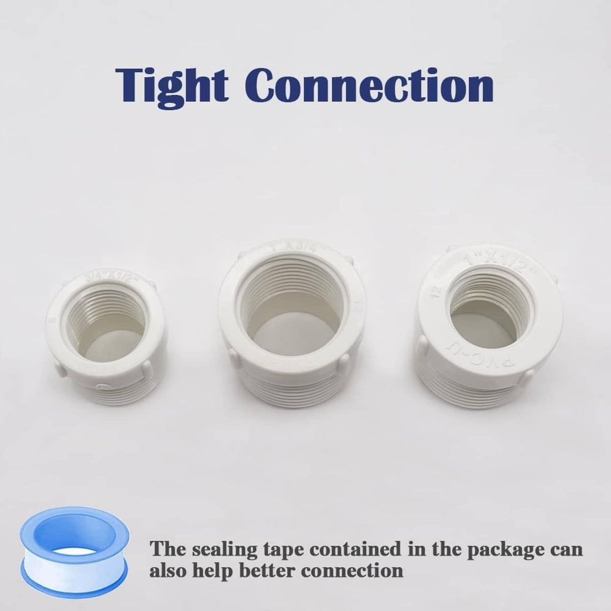 White PVC 3/4 male to 1/2 female threaded connector with sealing tape spool
