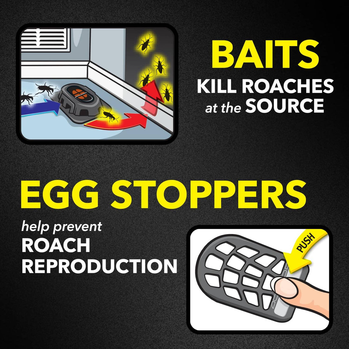 Raid egg stoppers graphic showing prevention of roach reproduction at the source