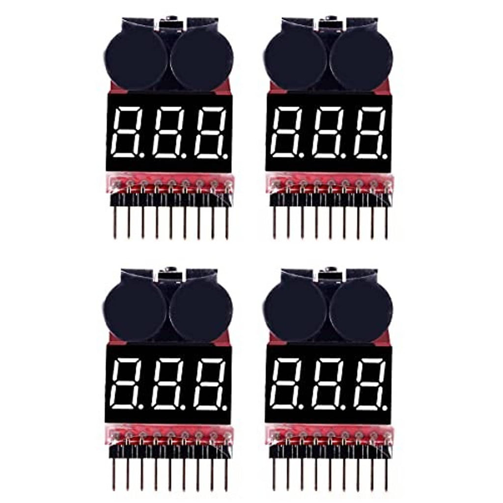 4-pack lipo battery voltage testers showing LED voltage readings on dual displays