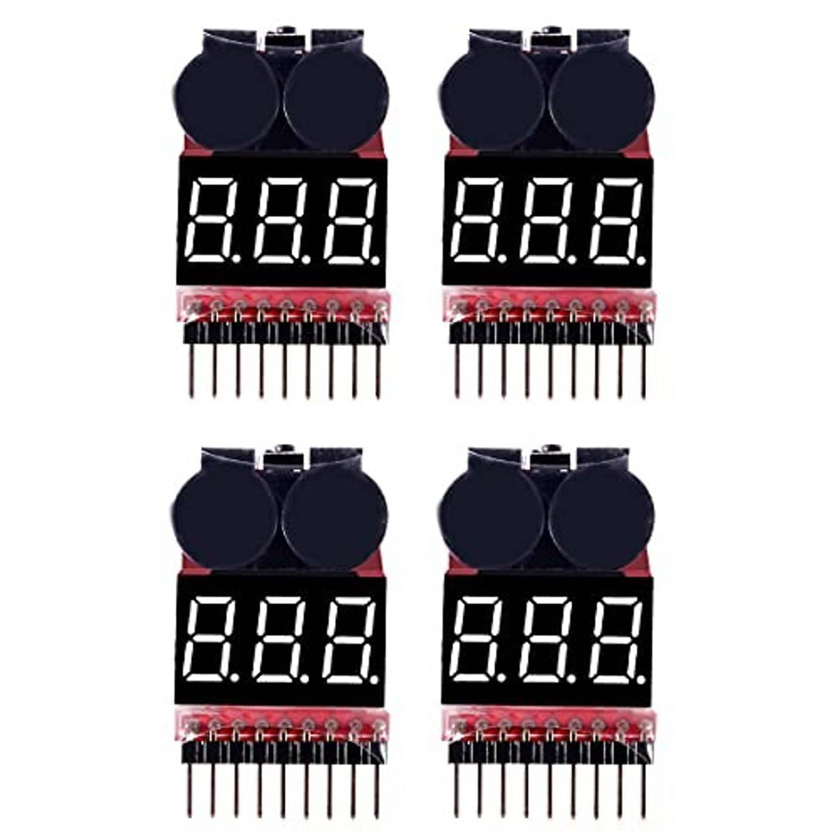 4-pack lipo battery voltage testers showing LED voltage readings on dual displays