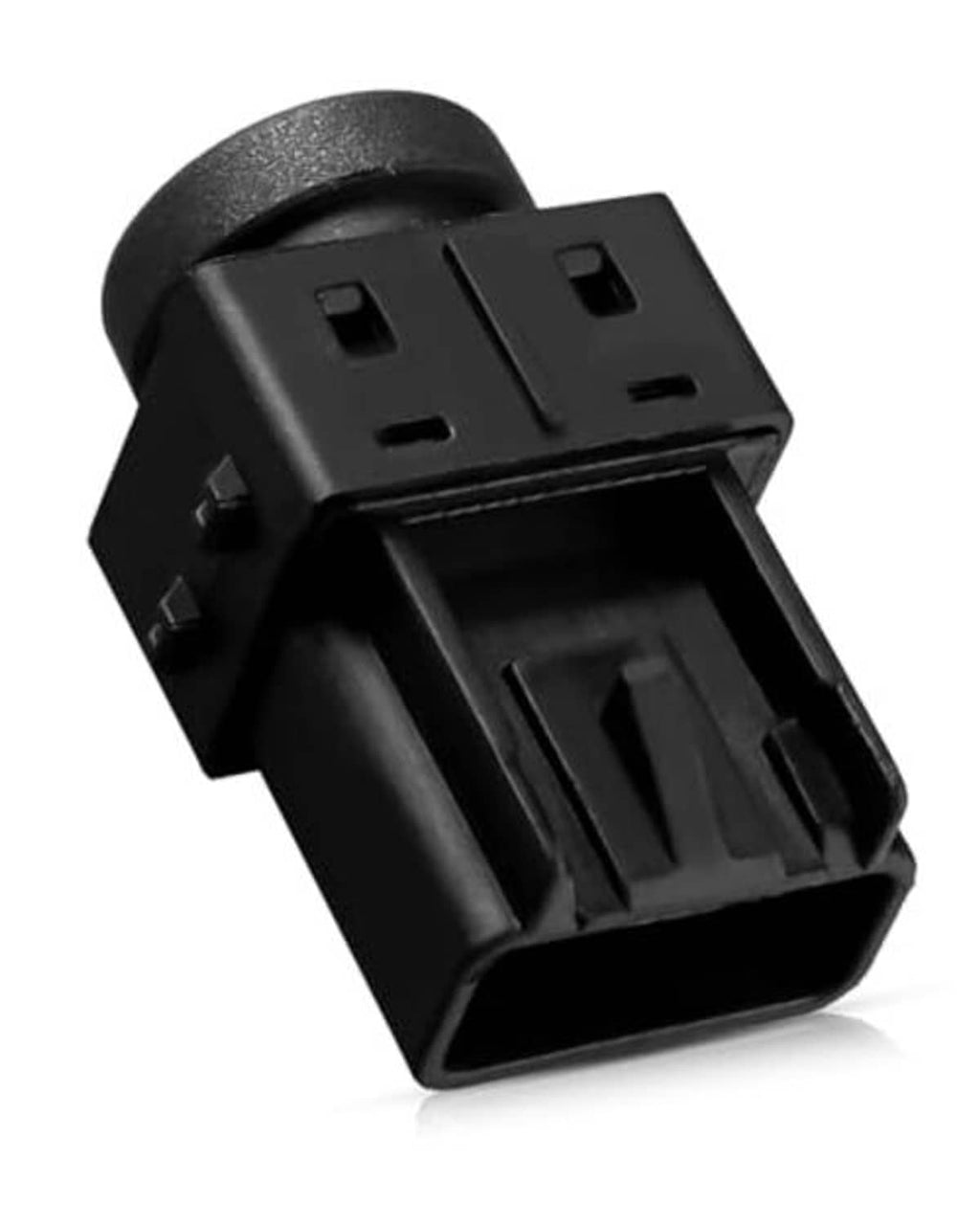 Door lock switch connector, black plastic housing with two mounting openings and plug