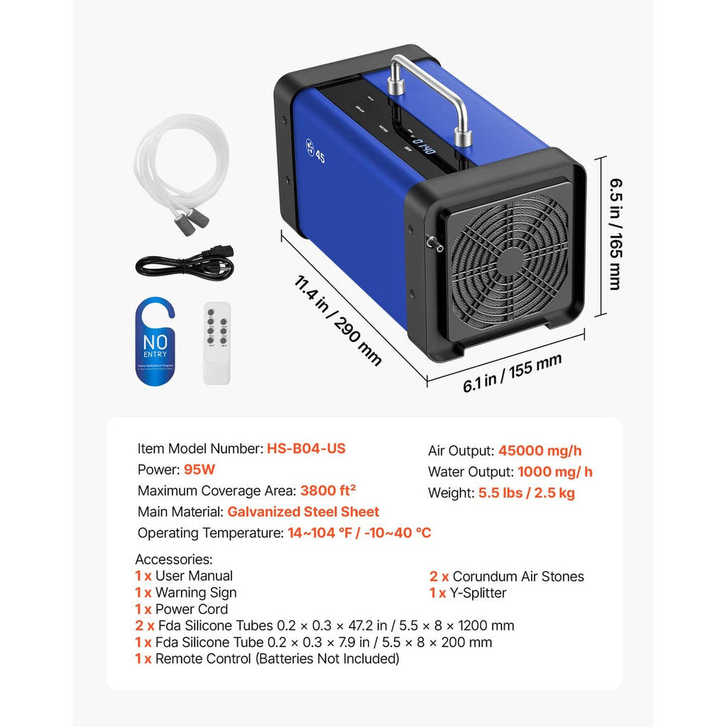 Blue ozone generator kit with power unit, remote, cables, and stone accessories shown