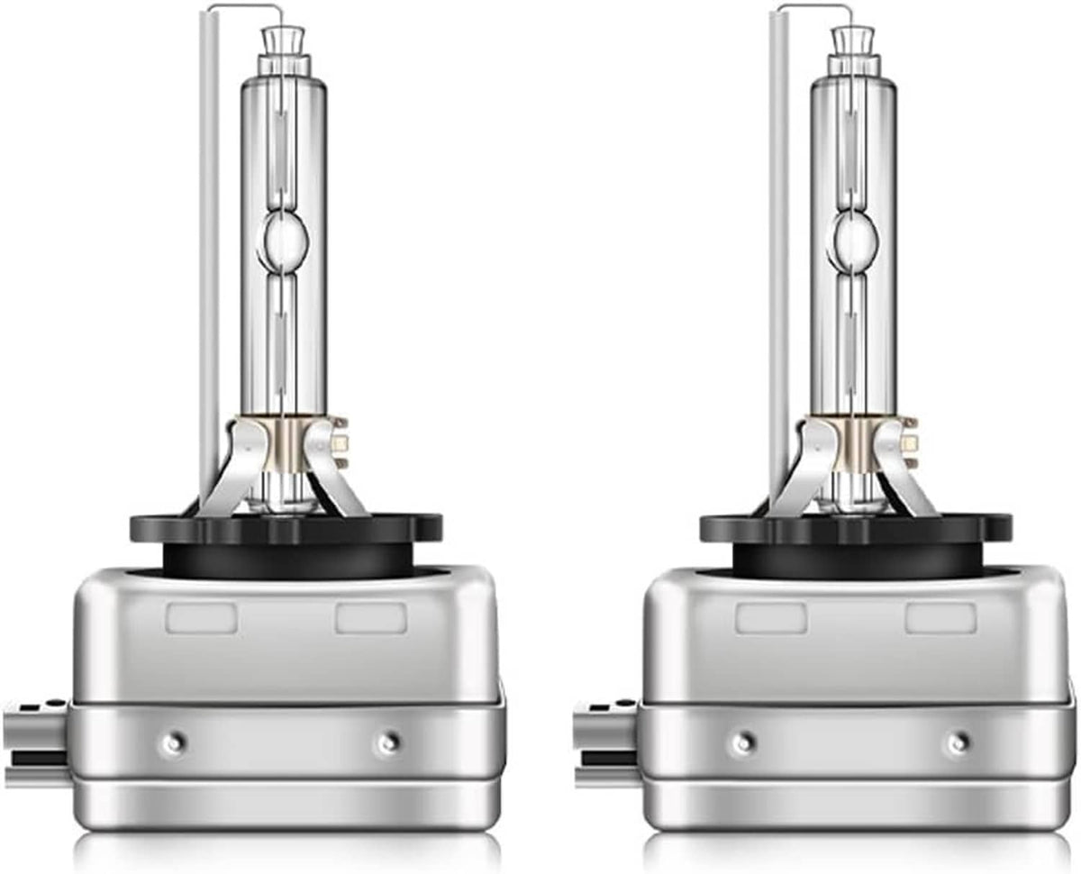 Pair of HID headlight bulbs with clear glass and black base housings