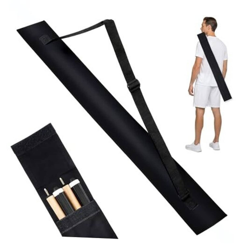 Black pool cue case laid open with adjustable strap; end pocket shows slots for cue pieces