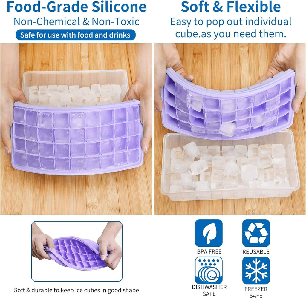 Silicone ice cube tray with storage bin holding clear ice cubes