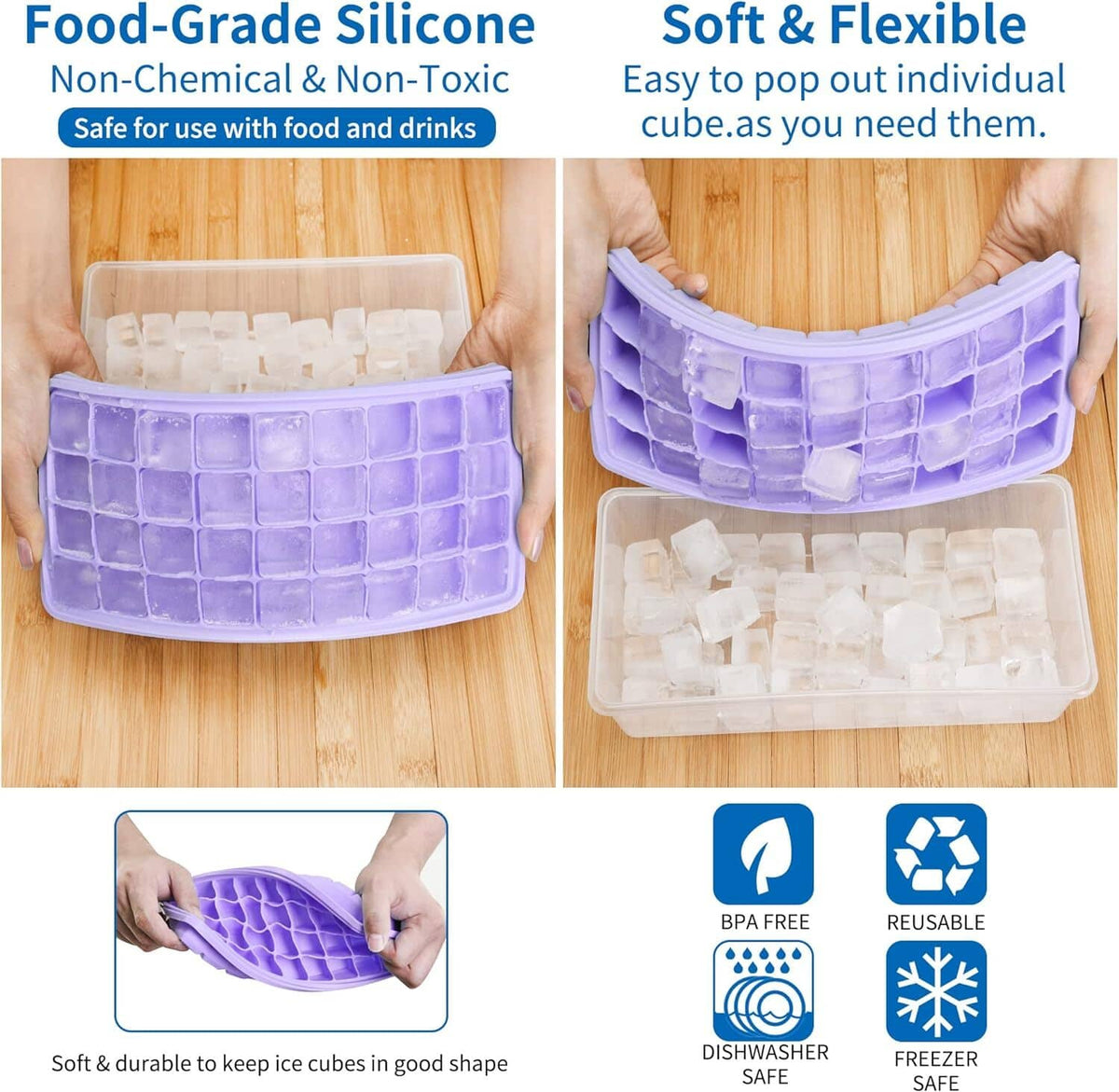 Silicone ice cube tray with storage bin holding clear ice cubes
