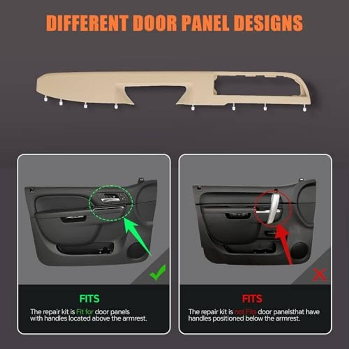Tan door armrest panel replacement design with handle cutout and mounting pins
