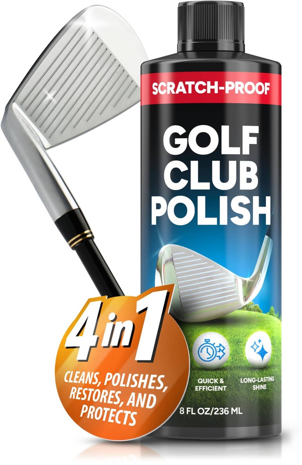 Golf club head polish bottle with wedge-shaped applicator, 8 fl oz rust cleaner.
