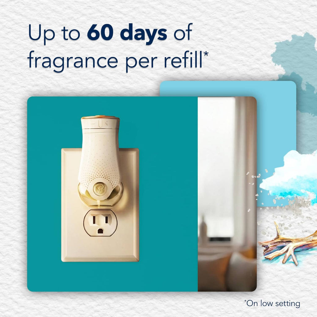 Sky & Sea Salt plug-in air freshener refill warmer shown with up to 60 days claim card