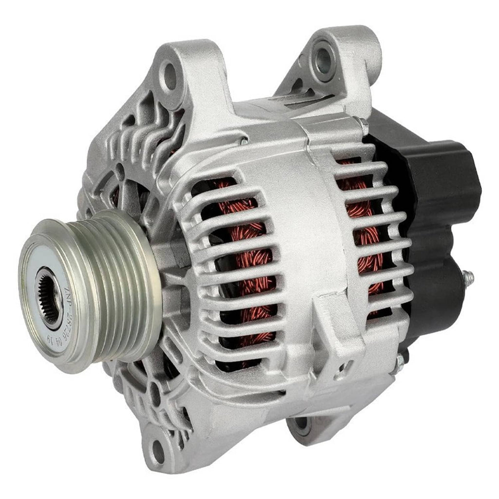 Silver alternator with pulley and vented casing, black rear connector housing