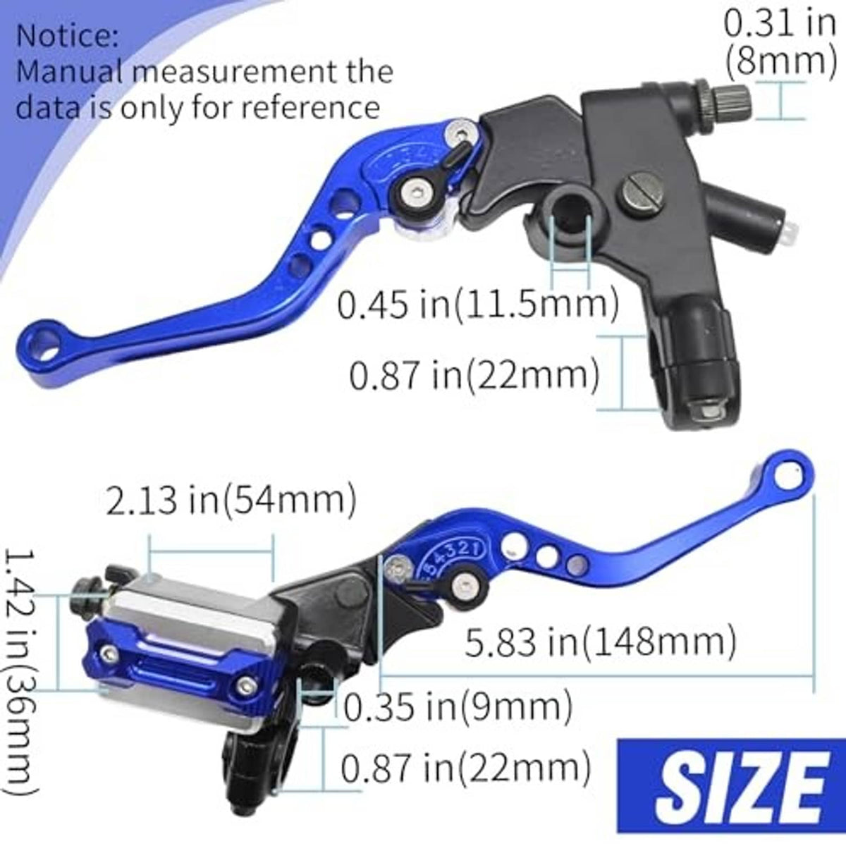 Blue motorcycle brake lever and master cylinder with black hydraulic components and mounting bolts