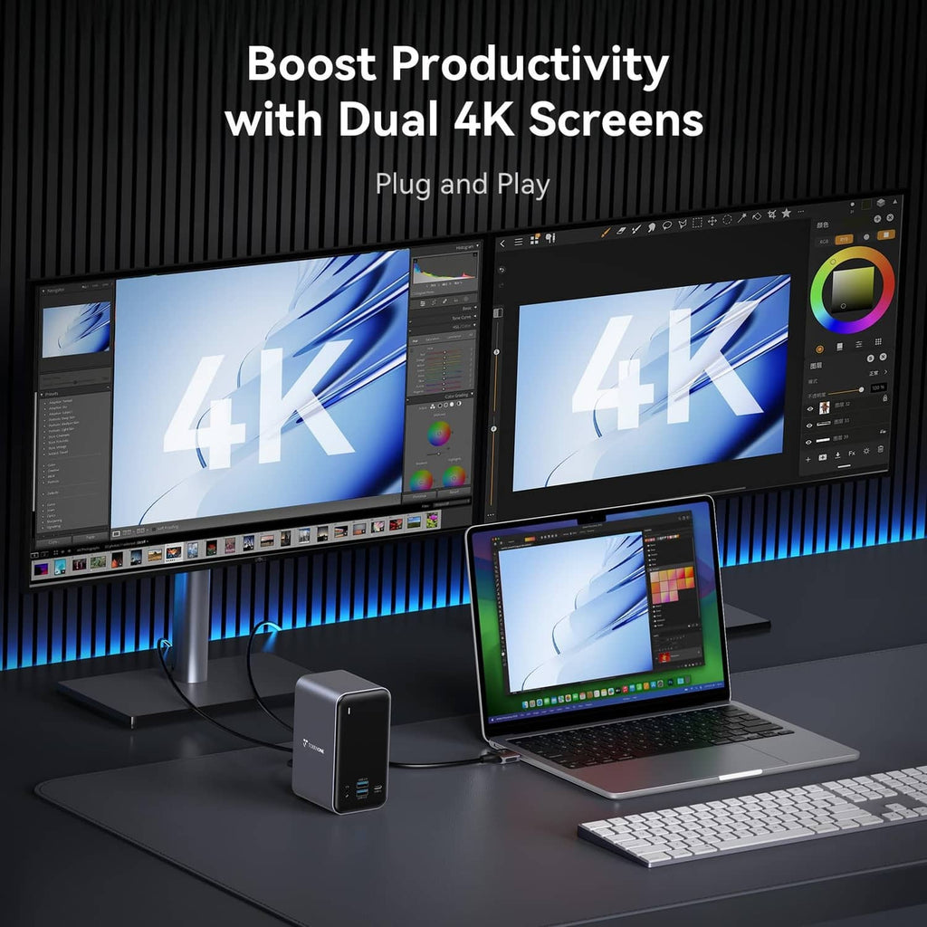 Grey dual-display docking station connected to monitors and a laptop