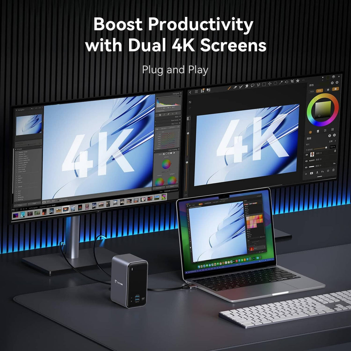 Grey dual-display docking station connected to monitors and a laptop