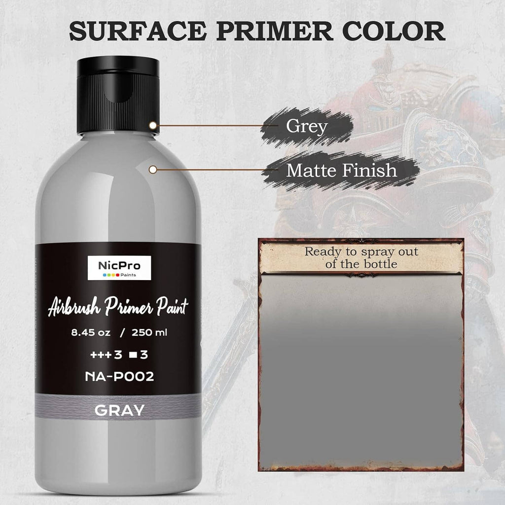 Grey airbrush primer paint bottle labeled matte finish and grey color