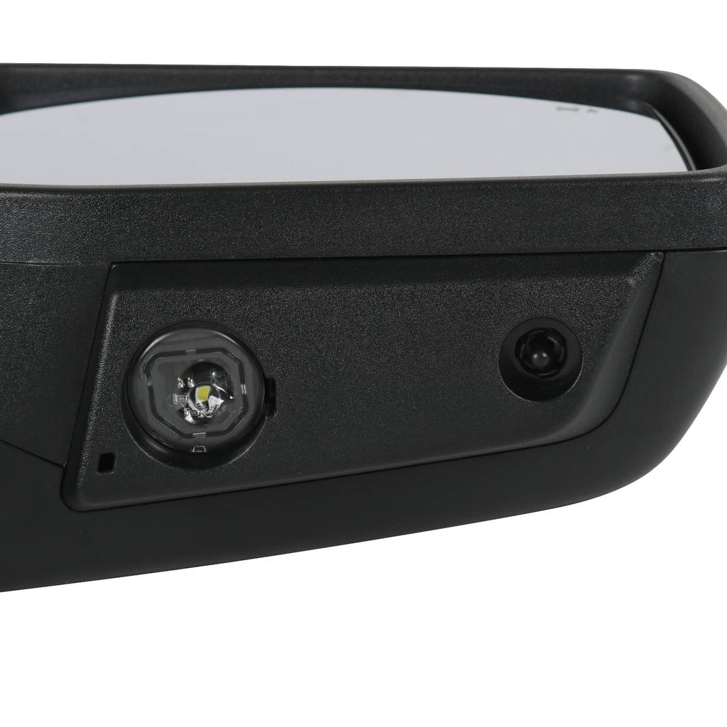 Black mirror housing with integrated round LED light and side mounting screw