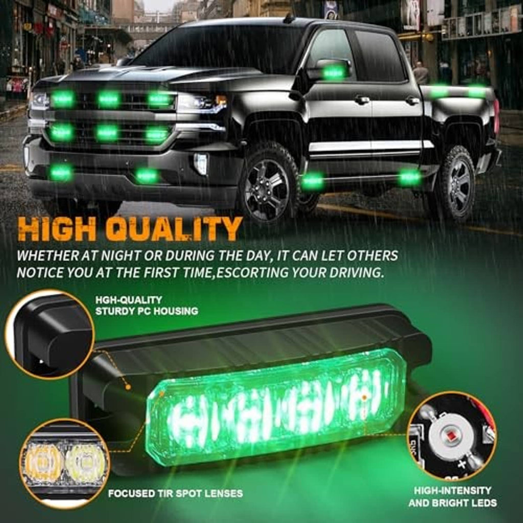 Green LED strobe light bar with clear lens and black housing